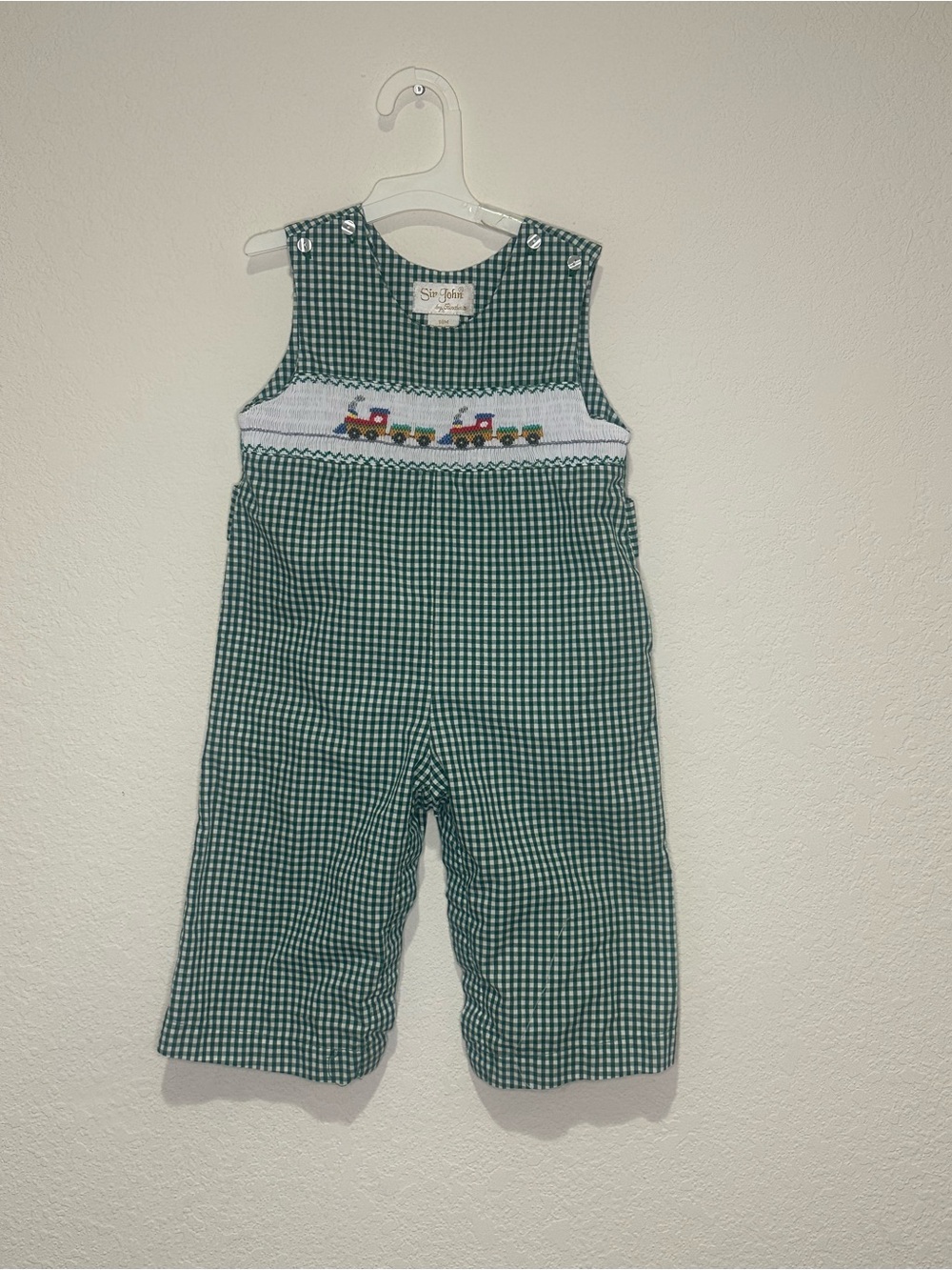 Sir John Green and white Gingham Smocked choo choo Train Overalls- with pockets